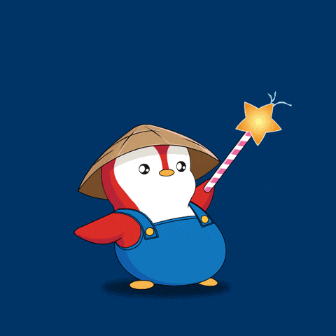 a penguin wearing overalls and a hat holds a star wand