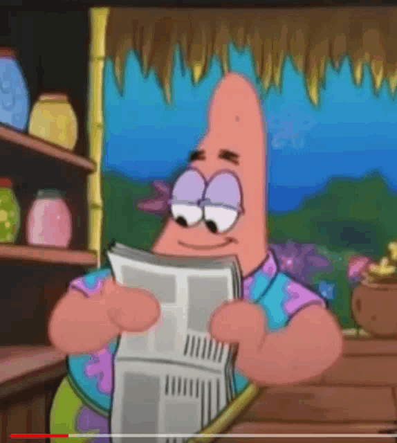 patrick star from spongebob reading a newspaper in front of a thatched roof