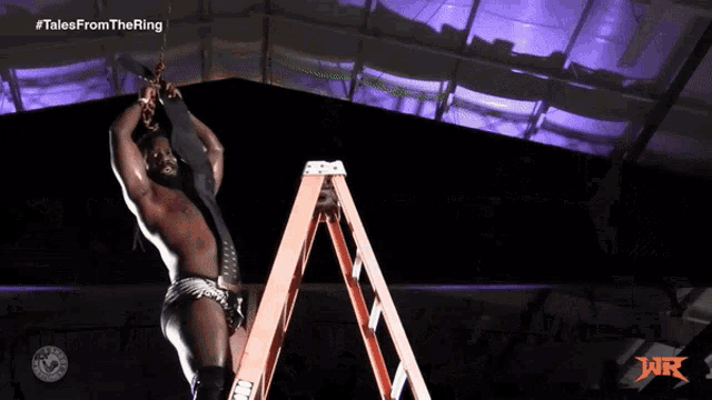 a wrestler is hanging from a ladder with tales from the ring written on the bottom right