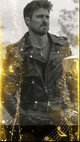 a man in a black leather jacket is surrounded by music notes