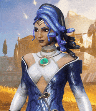 a woman with blue hair and a necklace with a green stone