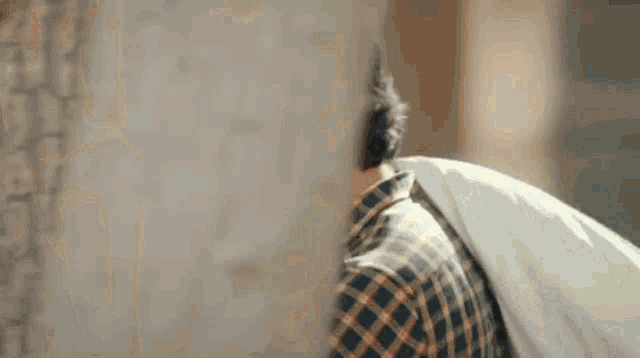 a man in a plaid shirt is carrying a white bag on his shoulder .
