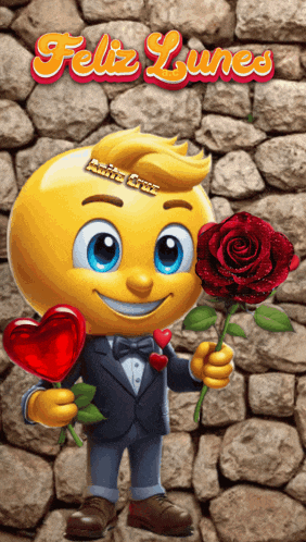 a smiley face in a tuxedo holding a rose and a heart