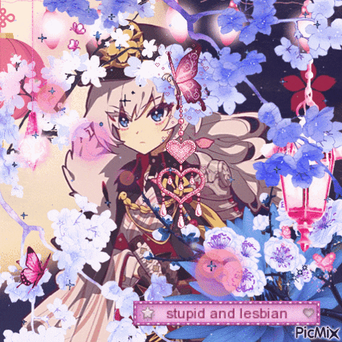 a picture of a girl with flowers and the words stupid and lesbian on it