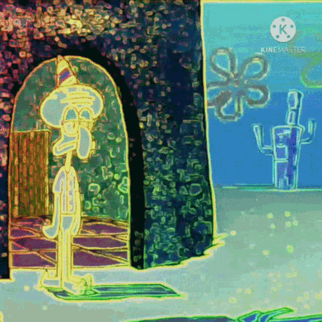 squidward from spongebob squarepants stands in front of a door
