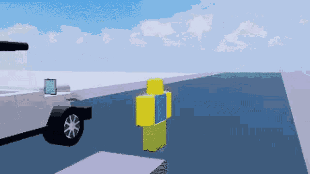a yellow and blue roblox character standing next to a white car