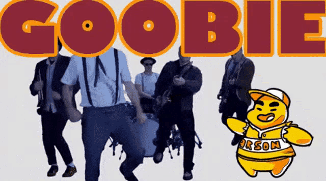a group of men are dancing in front of a sign that says " goobie "