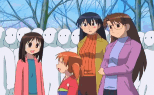 a group of cartoon characters are standing in front of a crowd of ghosts