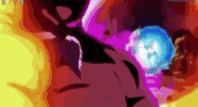 a close up of a person 's face in a cartoon with a purple background .