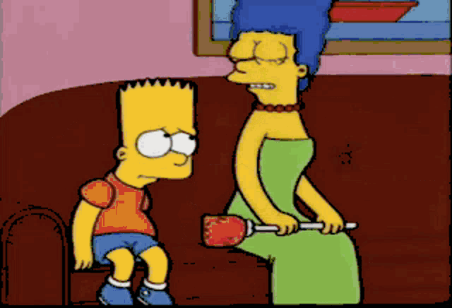 bart simpson sits on a couch next to a woman who is holding a brush