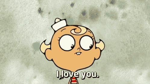 a cartoon character says i love you with a star in the background