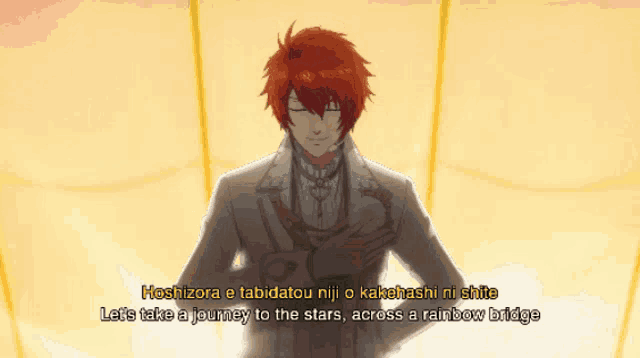 a man with red hair is standing in front of a yellow background with the words let 's take a journey to the stars