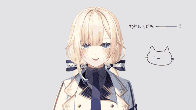 a girl with blonde hair and blue eyes is standing next to a cat drawing