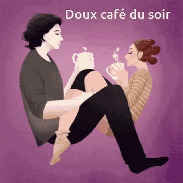 a cartoon of a man and a woman sitting next to each other with the words doux cafe du soir written above them