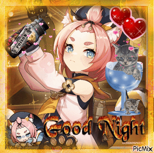 a picture of a girl holding a bottle of poison and the words good night on the bottom