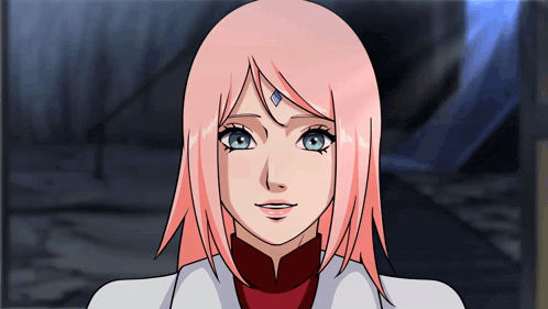 a pink haired anime character with blue eyes