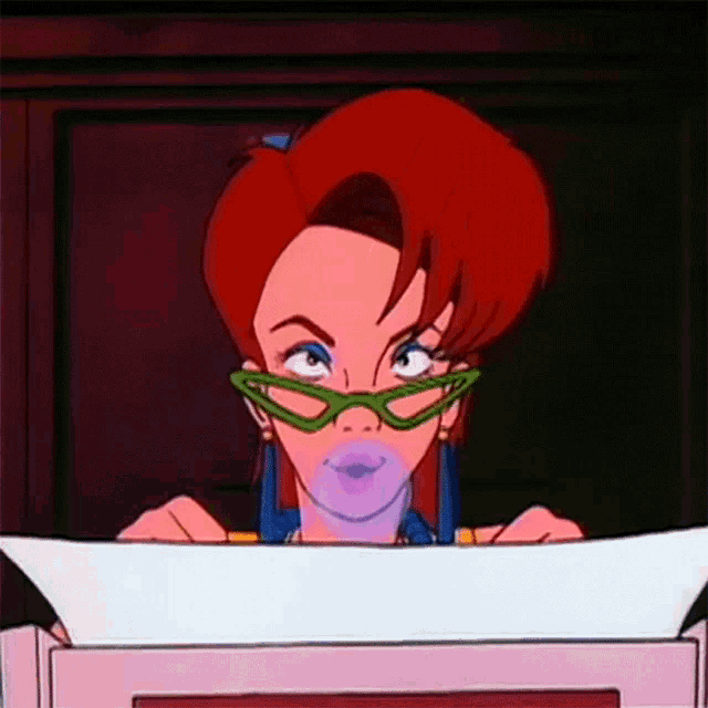 a cartoon woman with red hair and green glasses is looking at a piece of paper .