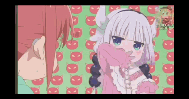 a cartoon of a girl with horns covering her mouth