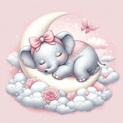 a baby elephant with a pink bow is sleeping on a crescent moon .