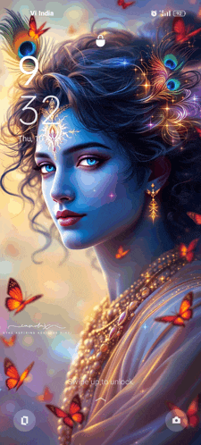 a phone screen shows a painting of a woman with butterflies around her