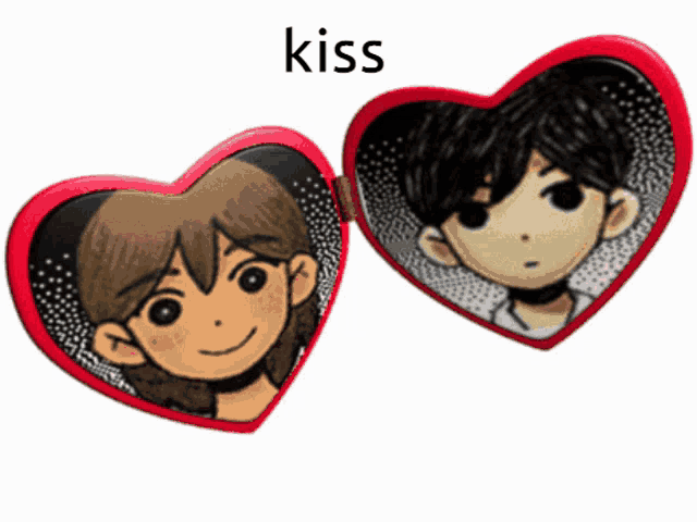 a picture of a girl and a boy in a heart shaped frame with the word kiss above them