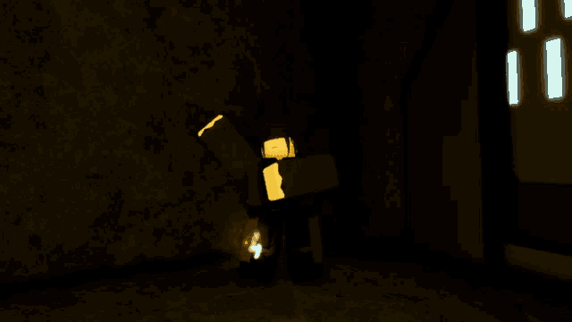 a cartoon character is standing in a dark room with a light shining on him