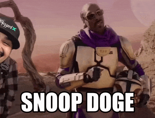 a man in a purple and gold armor is standing next to another man with the words snoop doge below him