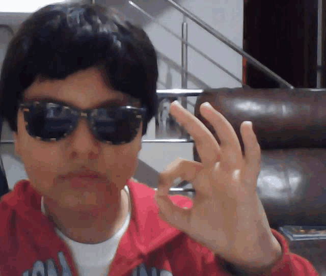 a person wearing sunglasses and a red jacket with the letter a on the front