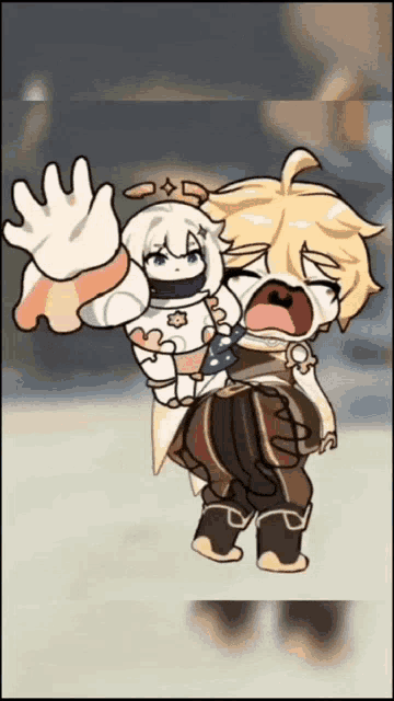 a cartoon of a boy holding a girl in his arms while she screams .