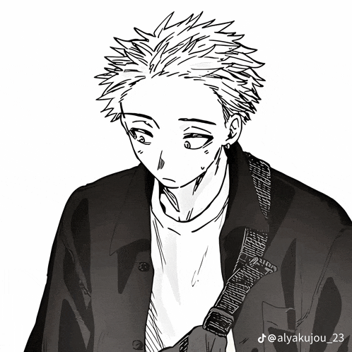 a black and white drawing of a man with the name alyakujou_23 on the bottom
