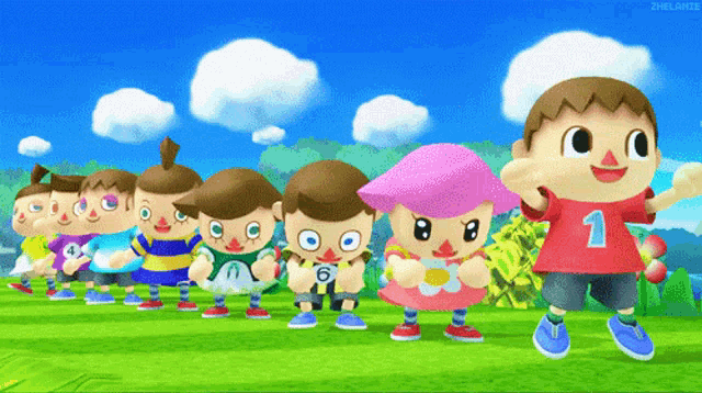 a group of cartoon characters are standing in a row with one wearing a red shirt with the number 1 on it