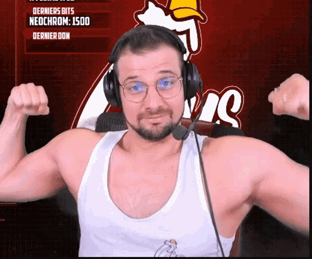 a man wearing headphones flexes his muscles in front of a sign that says dernier bits neochrome 1500