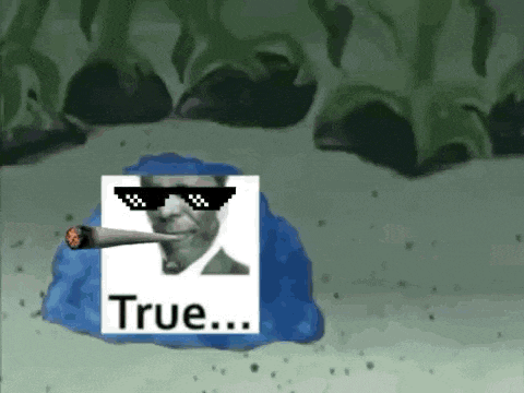 a cartoon character wearing sunglasses and smoking a cigarette with the words `` true '' on it .