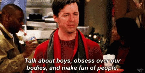 a man in a red scarf says talk about boys obsess over our bodies and make fun of people .