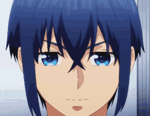 a close up of a anime character 's face with blue eyes