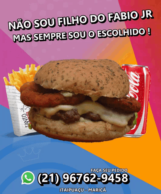 an advertisement for fabio jr shows a hamburger french fries and a coke can
