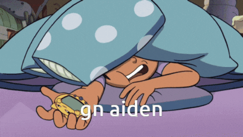 a cartoon of a person laying under a blanket with the word gn aiden written on the bottom