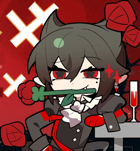 a cartoon drawing of a person with a rose in their mouth
