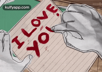 a drawing of a hand pointing at a piece of paper that says i love you