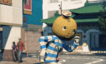 a person wearing a striped shirt and a lemon head