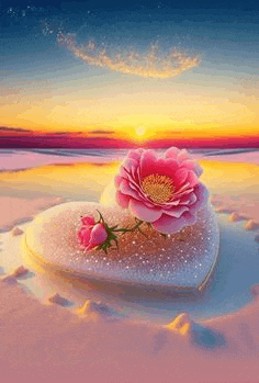 a pink flower is sitting on top of a heart shaped object in the sand .