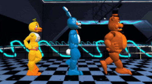 toy chica bonnie and foxy are dancing on a checkered floor in a video game