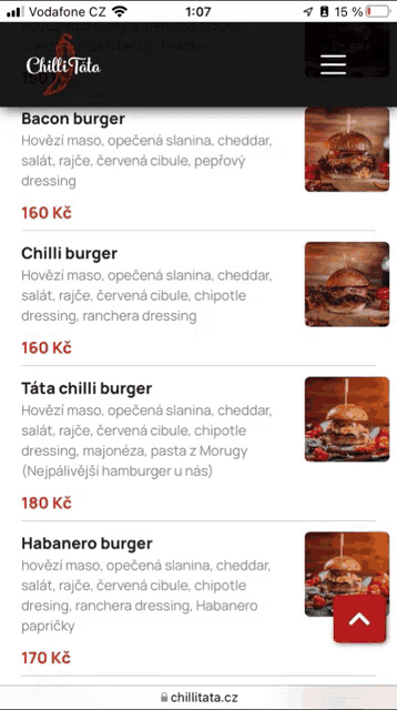 a screenshot of the menu for chilli tata