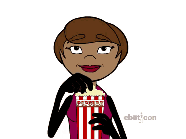 a cartoon of a woman holding a bag of popcorn with the word popcorn on it