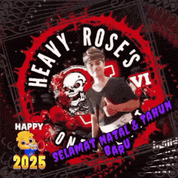 a man is holding a guitar in front of a logo for heavy roses