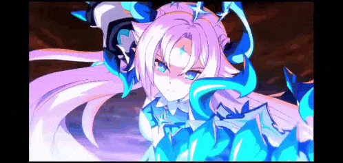 a girl with purple hair and blue eyes is standing in a dark room with a blue and purple background .