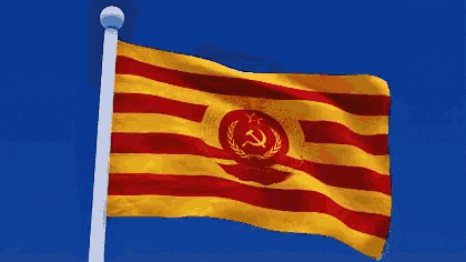 a yellow and red flag with a hammer and sickle in the center