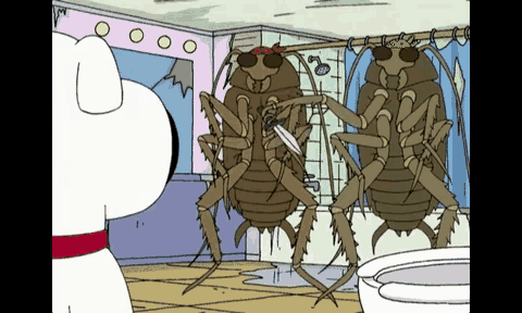 a cartoon of two cockroaches in a bathroom with a dog looking on