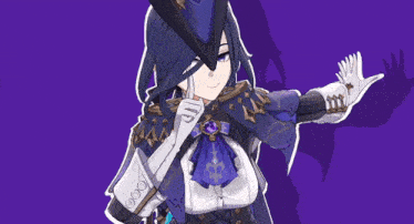 a cartoon drawing of a girl with a purple hat and gloves