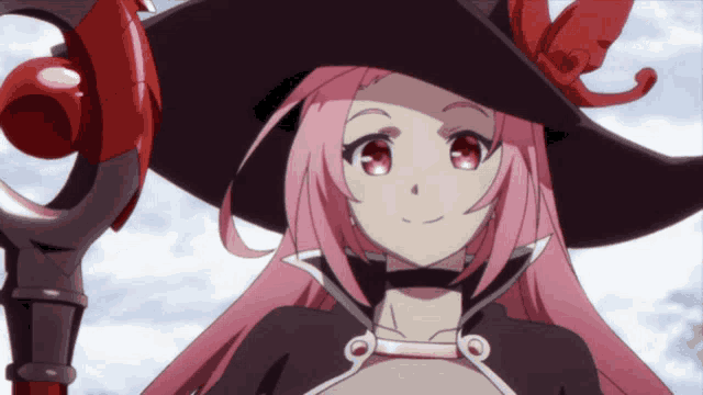 a witch with pink hair and a black hat